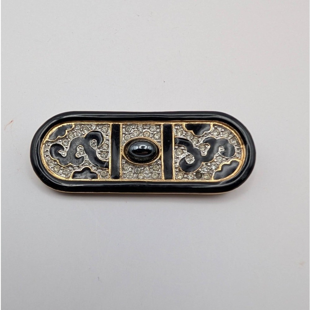 Vintage Carolee Gold Tone Black Enamel Rhinestone Art Deco Bar Brooch Pin